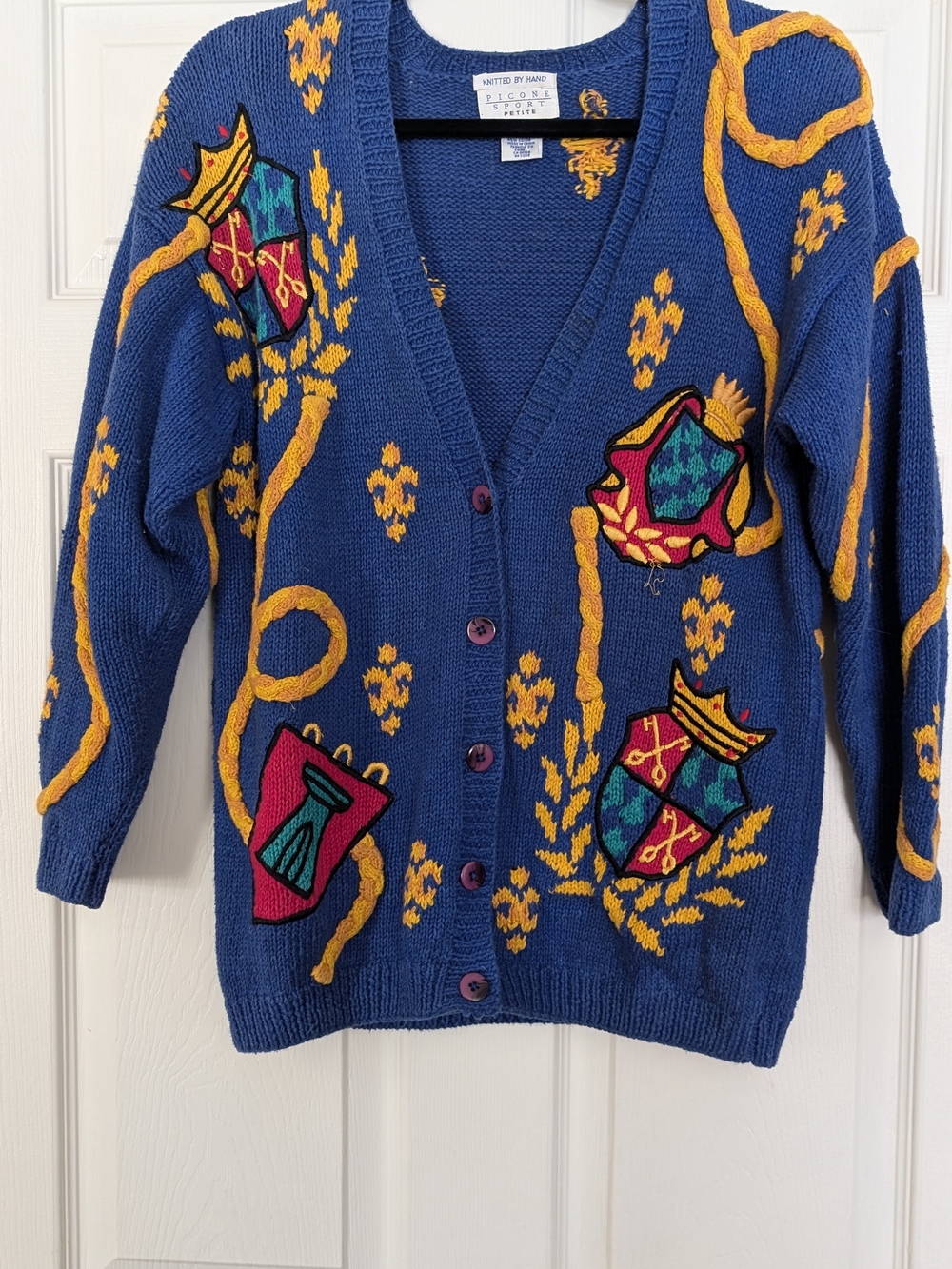 Picone Sport Hand Knitted Crest Cardigan Sweater Blue & Orange Small